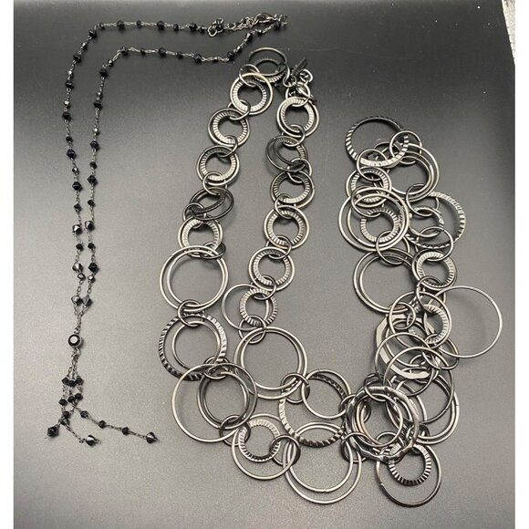 Lot of 2 Gunmetal Necklaces Daisy Fuentes Statement Circles Black Beaded Y Chain - Picture 1 of 7